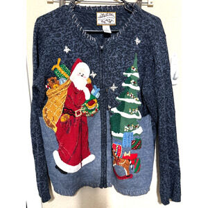 Vtg Heirloom Collectibles Christmas Sweater Blue Cardigan Santa 3D beaded zip S